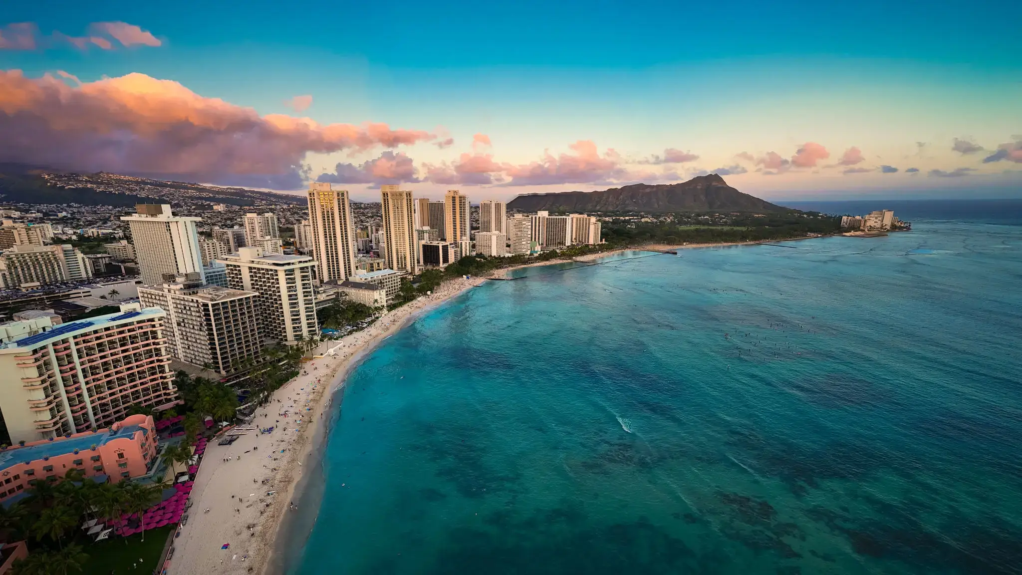 Aerial view of Waikiki Beach and Diamond Head