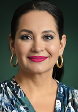 Smiling woman with hoop earrings and bright lipstick