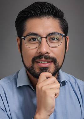 Thoughtful man in glasses with hand on chin