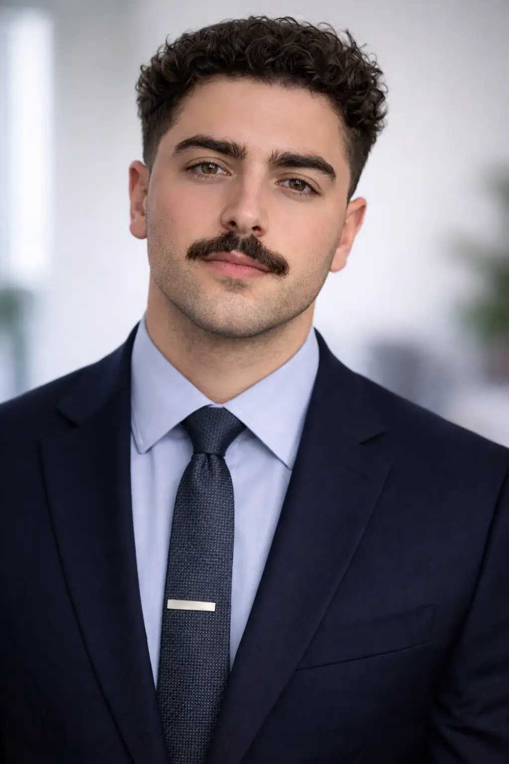 Young man with mustache in navy suit